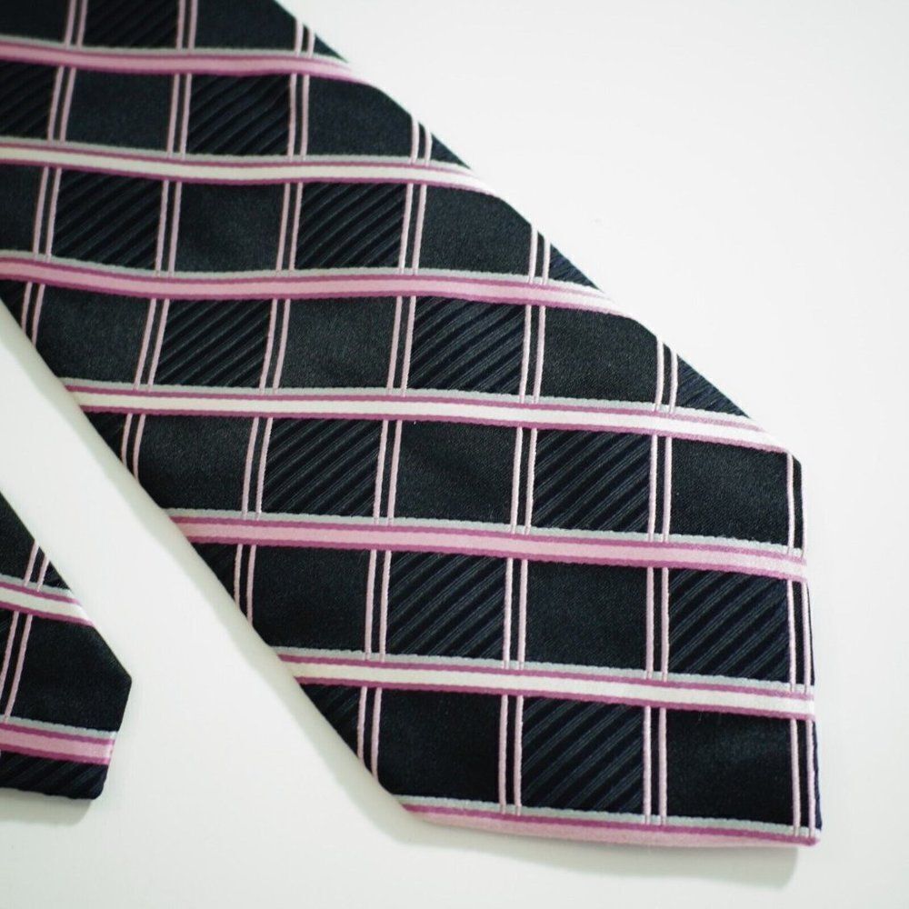 Stafford‎ Black Pink Plaid Woven Wide Silk Tie